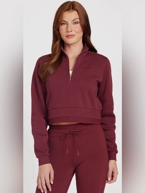 GUESS Factory Cami Half-Zip Cropped Sweatshirt - Burgundy / Petite Syrah